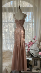 Champagne pink halter-neck fitted bodycon sexy long ball gown R7690