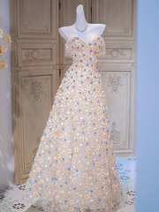 Apricot Off-the-shoulder Floral Waist Slim Fit A-line Long Ball Gown Bridal Gown R5857