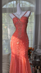 Orange-red halter-neck rhinestone-embellished fitted bodycon long ball gown R7610