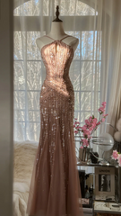 Champagne pink halter-neck fitted bodycon sexy long ball gown R7690