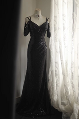 Black sequined off-the-shoulder halter-neck fitted long ball gown R6814