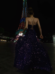 Purple sequined halter-neck fitted long ball gown R8861