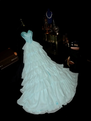 Light blue strapless, fitted waist, tiered skirt, long ball gown R6894