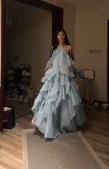 Light blue halter neck puffy cake backless sexy long ball gown R8084