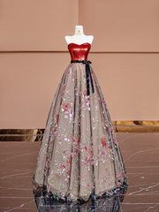 Red strapless fitted bodice with black lace floral print long ball gown R8401