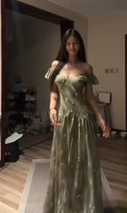 Gray-green off-shoulder fitted waist sexy long ball gown R8085