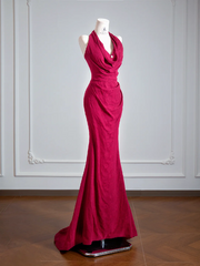 Rose pink halter neck fitted waist slimming sexy long ball gown R8149