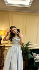 Light blue sleeveless fitted long ball gown R8832