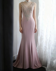 Light pink embroidered floral pattern fitted waist bodycon long ball gown R6696