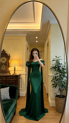 Green off-the-shoulder fitted waist slimming hip-hugging sexy long ball gown R8619