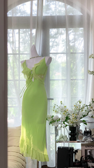 Light green halter-neck fitted long ball gown R7650