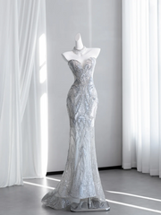 Light gray-blue strapless, fitted, bodycon, fishtail long ball gown R8431