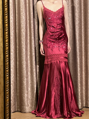 Purple-red halter-neck fitted satin long gown, elegant ball gown R8059