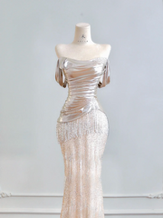Silver off-the-shoulder fitted bodice, light pink bodycon long ball gown R8202
