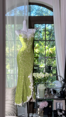 Light green halter-neck lace fitted waist bodycon long ball gown R7612