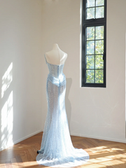 Light blue strapless fitted long ball gown R8462