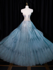 Light gray-blue strapless, fitted waist, full skirt, long ball gown R8923