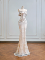Silver off-the-shoulder fitted bodice, light pink bodycon long ball gown R8202