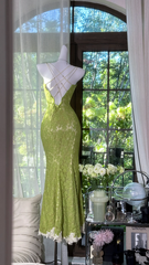 Light green halter-neck lace fitted waist bodycon long ball gown R7612