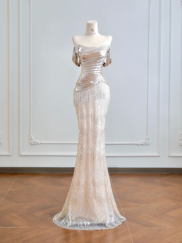 Silver off-the-shoulder fitted bodice, light pink bodycon long ball gown R8202