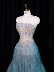 Light gray-blue strapless, fitted waist, full skirt, long ball gown R8923
