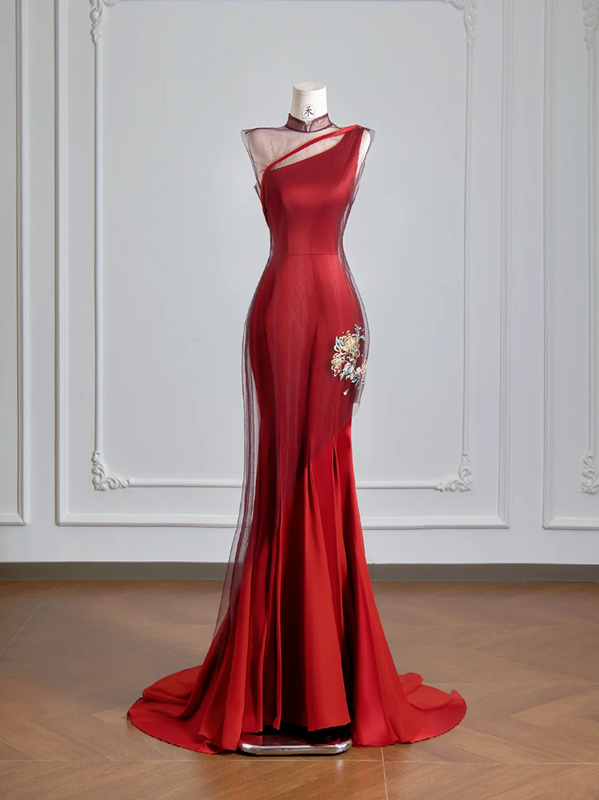 Red one-shoulder fitted waist slim-fitting hip-hugging sexy long ball gown R8150
