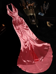 Pink halter neck fitted waist long satin ball gown R6416