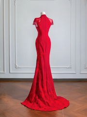 Red Chinese-style neckline, fitted waist, slimming and sexy long ball gown R8151