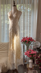 Light apricot halter neck fitted waist slim back sexy long ball gown R7764
