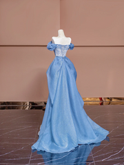 Light blue off-the-shoulder fitted long ball gown R8379