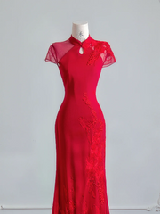 Red Chinese-style neckline, fitted waist, slimming and sexy long ball gown R8151