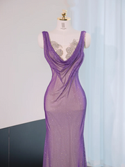 Purple halter neck, fitted waist, sexy long ball gown R9014