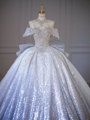 Blue gradient color bright diamond one shoulder waist slim fit heavy puffy skirt ball gown bridal gown R5860