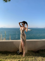 Champagne-colored sequined halter-neck fitted long sexy ball gown R8864