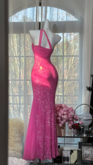 Rose pink one-shoulder halter waist slim fit hip-hugging sexy long ball gown R7693