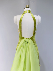Green halter-neck, fitted waist, sexy long ball gown R9044