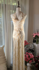 Light apricot halter neck fitted waist slim back sexy long ball gown R7764