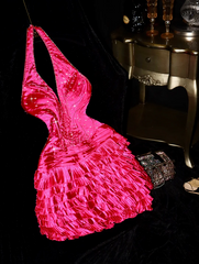 Rose pink halter-neck cinched waist short ball gown R6977