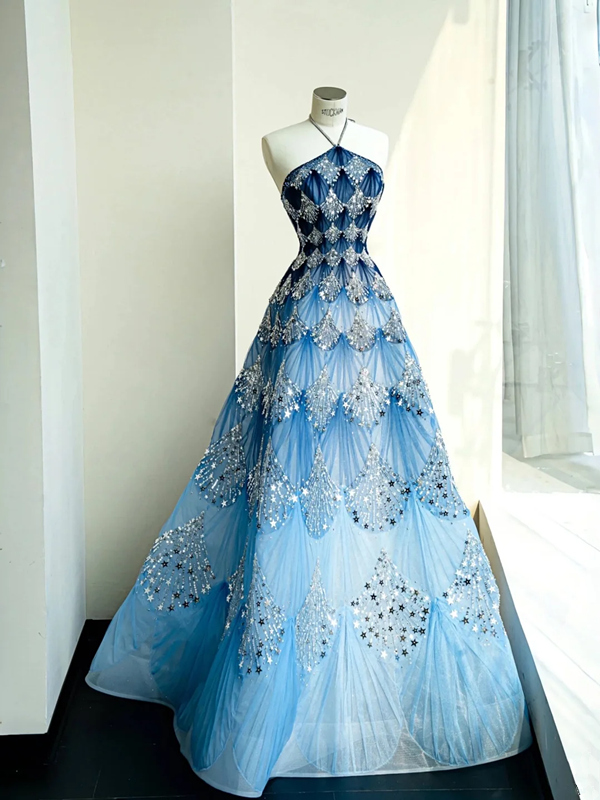 Blue sequined halter neck gradient waist slim A-line long skirt, prom dress R5663