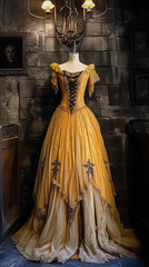 Gold square neckline, fitted waist, long ball gown with a full skirt R8124