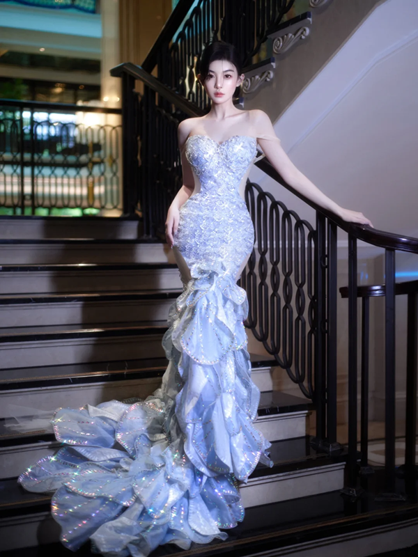 Light Blue Sequin Strapless Waist-Cinched Fitted Mermaid Floor-Length Dreamy Prom Dress R7097