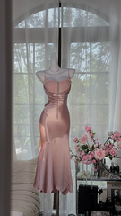 Champagne pink halter-neck satin fitted long ball gown R7652
