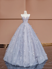 Light blue strapless, fitted waist, full skirt, long ball gown R8403