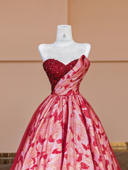 Red strapless, fitted waist, long ball gown with a full skirt R8380