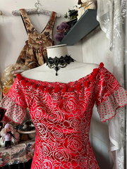 Red retro floral short-sleeved fitted A-line midi ball gown R6379