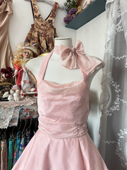 Pink halter-neck, fitted A-line mini skirt, prom dress R6259