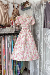 Pink vintage rose print fitted midi ball gown R7845