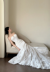 White strapless, waist-cinched, slim-fit, bodycon, floor-length elegant prom gown R7965