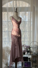 Light purple-red halter-neck fitted waist slim-fitting rhinestone sexy long ball gown R7694