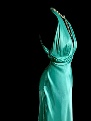 Lake blue halter neck backless sexy fitted waist long ball gown R6619
